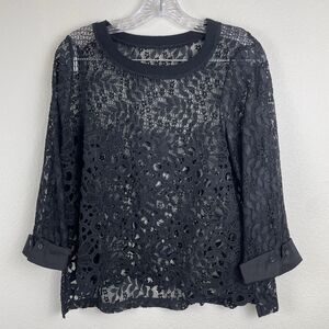 INC International Women’s Sheer Lace Crochet Top 3/4 Sleeve Round Neck Black- M